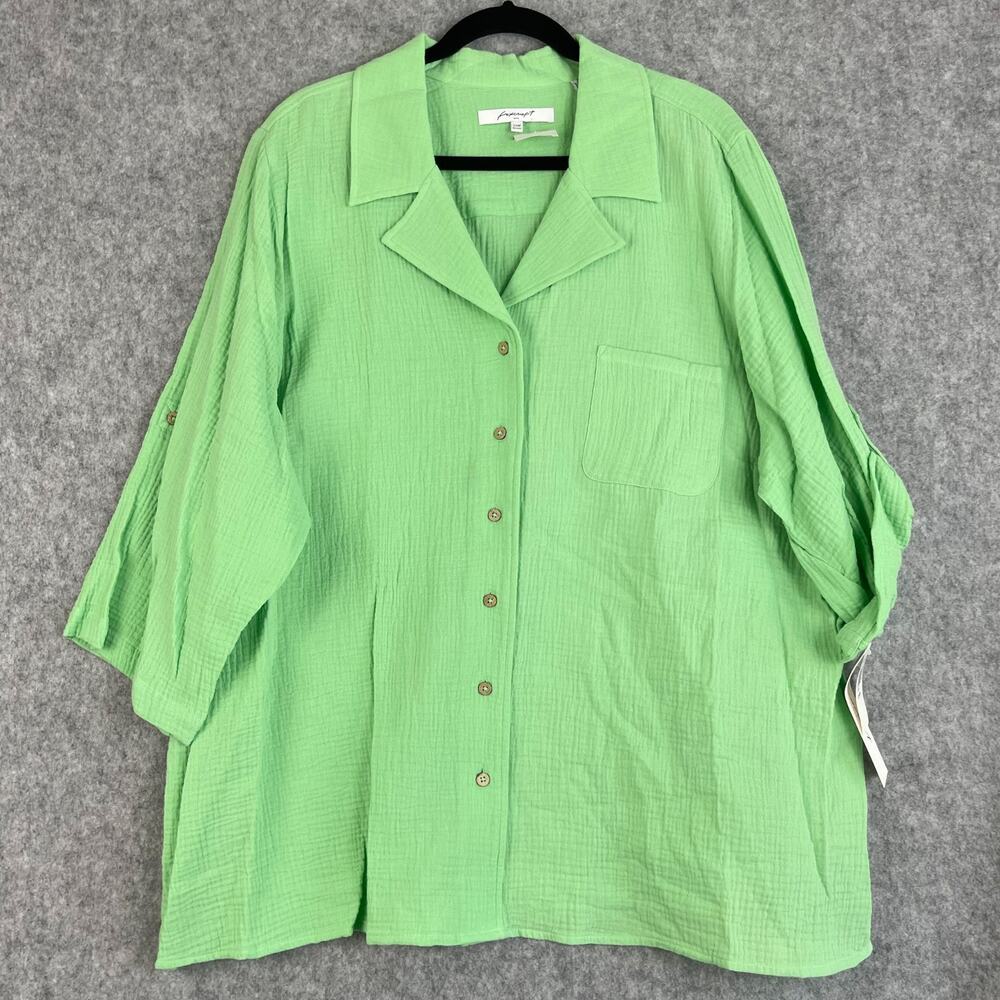 Foxcroft Top Womens 22W Green Button Up Crinkle Gauzy Cotton Coastal Relaxed NEW